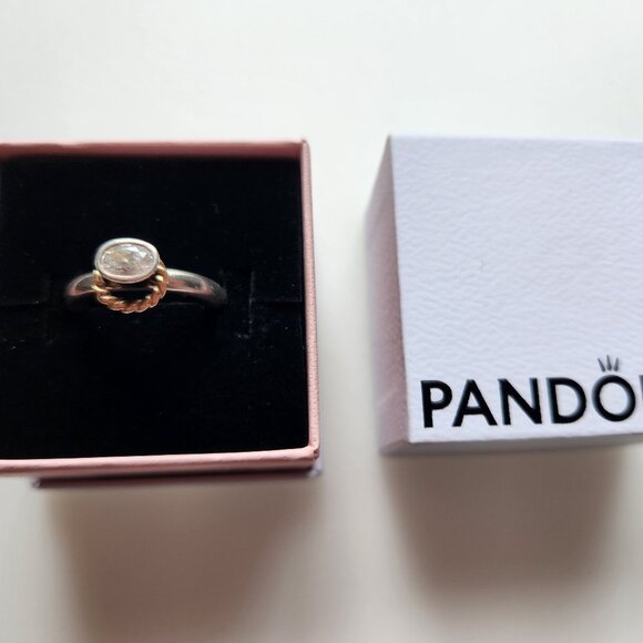 PANDORA RETIRED STERLING SILVER WITH 14K GOLD HALO RING SIZE 6. CLEAR CZ - Picture 2 of 5